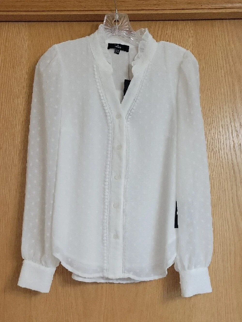 White Swiss Dot Ruffled V-Neck Button Down Blouse - Picture 5 of 7